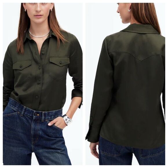 Madewell Western Shirt in Linen Blend Mossy Umber Size 00 - Picture 1 of 11